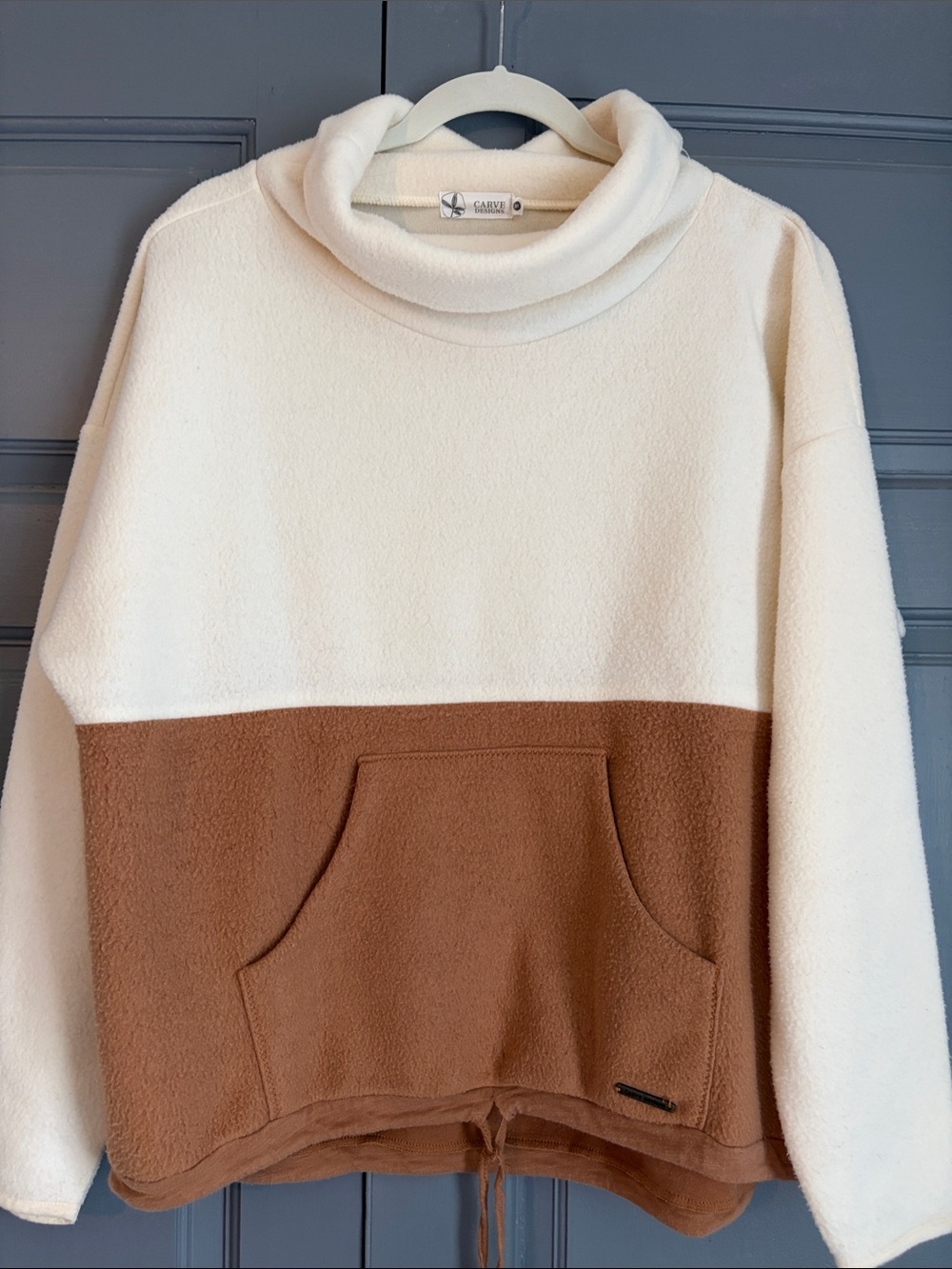Carve Designs Two-Tone Cream and Brown Cowl Neck Fleece Pullover